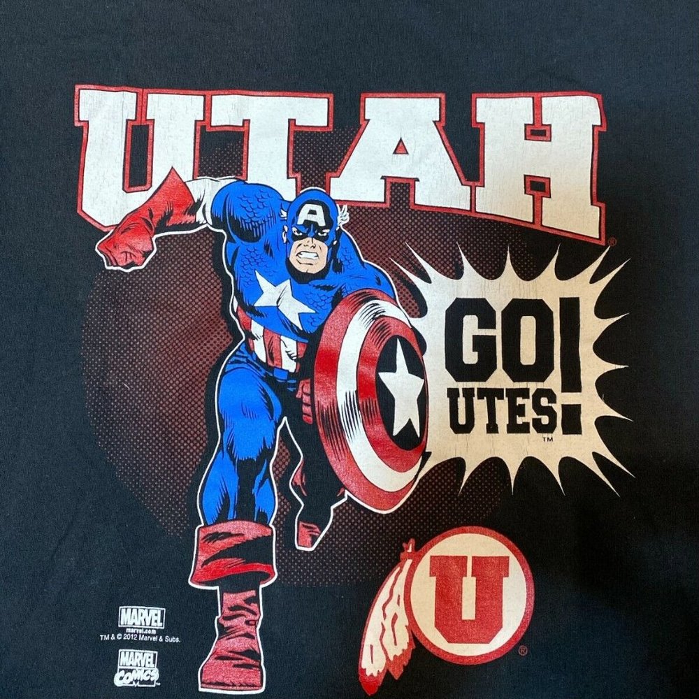 Russell Marvel Captain America U of Utah Go Utes! Mens Black T-Shirt - Size M